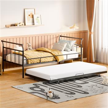 Twin Size Metal Daybed with Curved Handle Design and Twin Size Trundle, Black