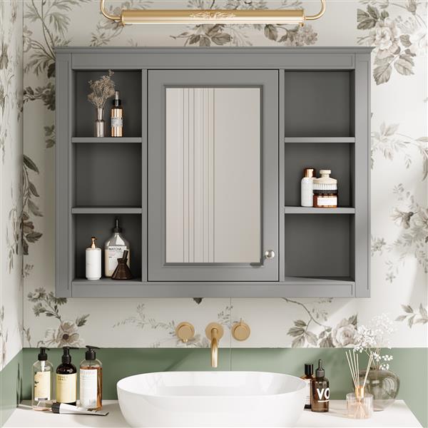 35'' x 27.5'' Medicine Cabinet, Wall Mounted Bathroom Storage Cabinet, Modern Bathroom Wall Cabinet with Mirror, Mirror Cabinet with 6 Open Shelves (Not Include Bathroom Vanity )