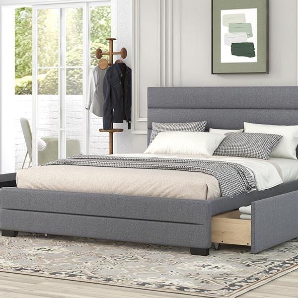 Queen Upholstered Platform Bed with Twin Size Trundle and Two Drawers,Grey