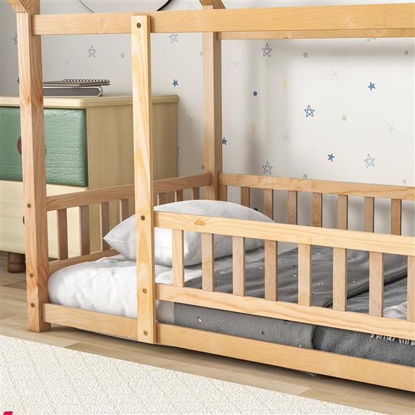 Twin Size Floor Wooden Bed with House Roof Frame, Fence Guardrails,Natural