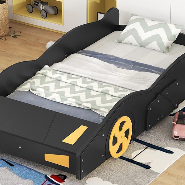 Twin Size Race Car-Shaped Platform Bed with Wheels and Storage, Black+Yellow