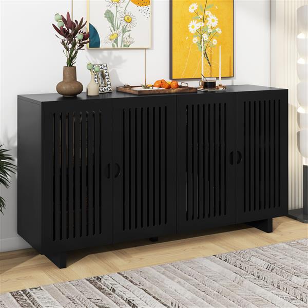 Modern Style Sideboard with Superior Storage Space, Hollow Door Design and 2 Adjustable Shelves for Living Room and Dining Room (Black)