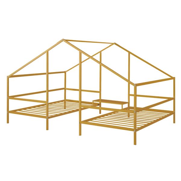 Metal Double Twin Size Triangular House Beds with Built-in Table, Gold