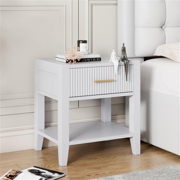 Wooden Nightstand with a Drawer and an Open Storage, End Table for Bedroom, White