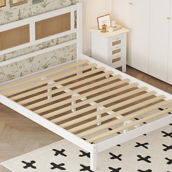 Queen Size Wood Platform Bed with Natural Rattan Headboard,Exquisite Elegance with Minimalist Charm for Bedroom,White