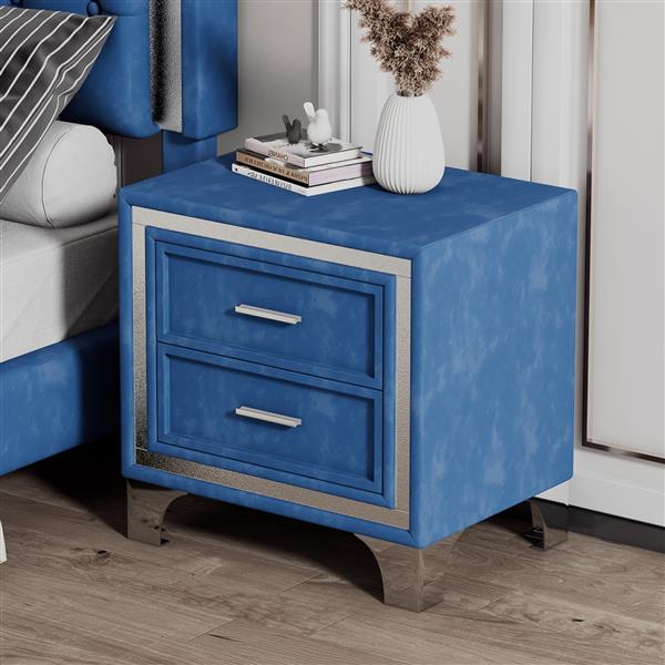 2-Drawer Nightstand with Metal Legs for Bedroom, Mid Century Nightstand Fully Assembled Except Legs and Handles,Velvet Bedside Table-Blue