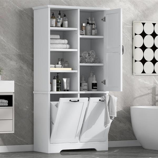 Bathroom Storage Cabinet with Doors and Drawers, Tilt-Out Laundry Hamper, Multiple Storage Space, Freestanding Style, Open Shelve, Adjustable Shelf, White