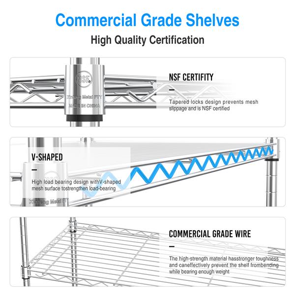 5 Tier Shelf Wire Shelving Unit, NSF Heavy Duty Wire Shelf Metal Large Storage Shelves Height Adjustable Utility for Garage Kitchen Office Commercial Shelving Steel Layer Shelf - Chrome