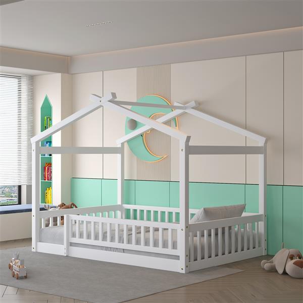 Full Size Wood Bed House Bed Frame with Fence, for Kids, Teens, Girls, Boys,White