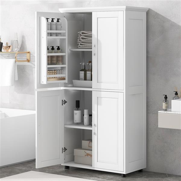 Tall and Wide Bathroom Floor Storage Cabinet, Bathroom Storage Unit, Freestanding Cabinet with 4 Doors, Adjustable Shelves, White