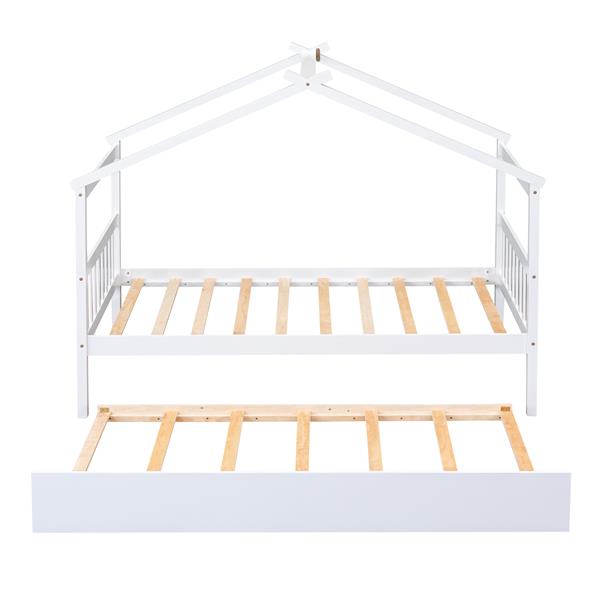 Twin Size Wooden House Bed with Twin Size Trundle, White