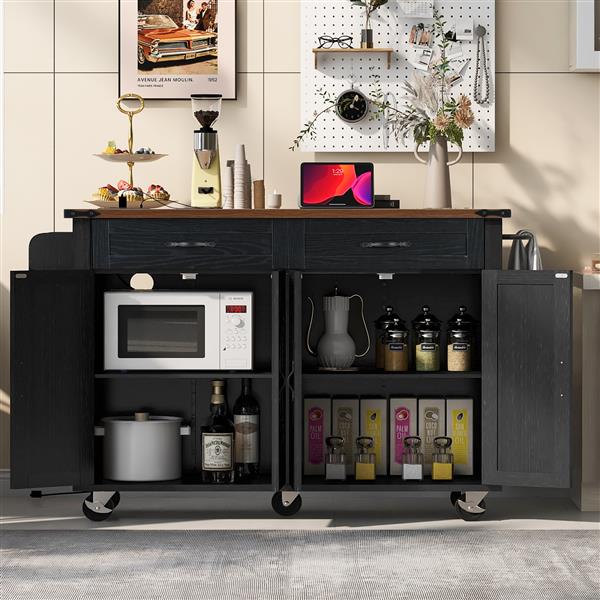 53.5''Farmhouse Kitchen Island with Power Outlet, Kitchen Storage Island with Drop Leaf, Spice Rack and Drawer, Rolling Kitchen Cart on Wheels, for Home, Kitchen and Dining Room, Black