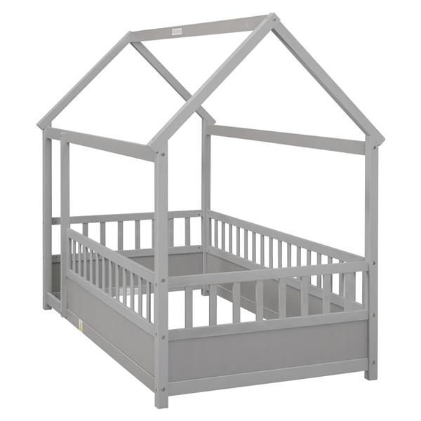 Twin Size Floor Wooden Bed with House Roof Frame, Fence Guardrails,Grey