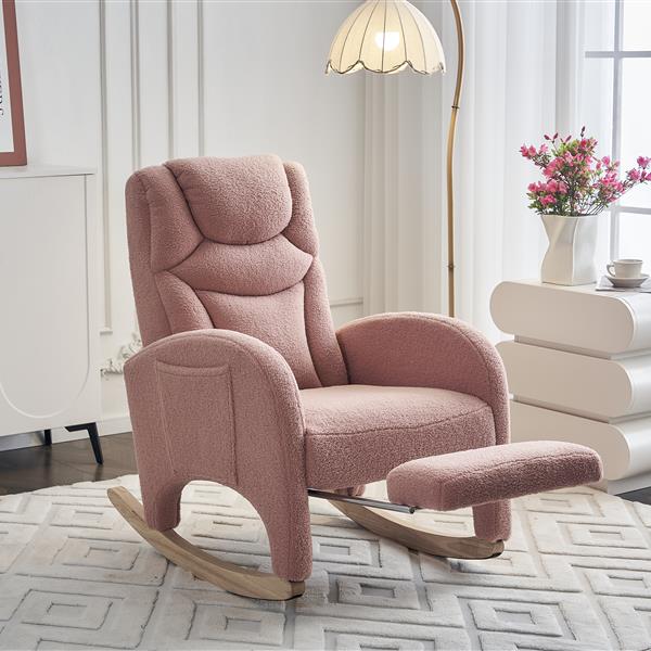 052-Teddy Fabric Nursery Rocking Chair With Adjustable Footrest,Pink