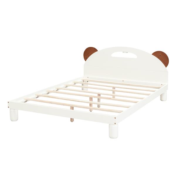 Full Size Platform Bed with Bear Ears Shaped Headboard and LED, Cream White