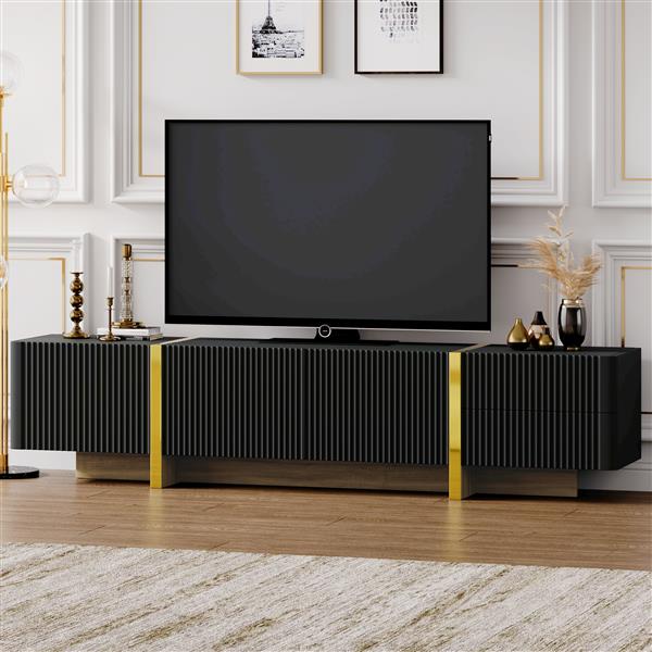 Luxury Fluted TV Stand for TVs Up to 80'', Modern Entertainment Center with Storage Cabinets & Drawers, Smooth Media Console with lden Wood Grain Legs for Living Room, Black