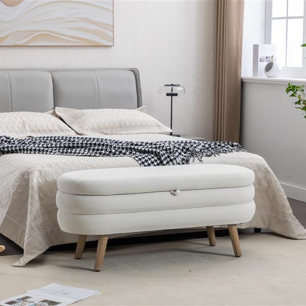 036-Velvet Fabric Storage Bench Bedroom Bench With Wood Legs For Living Room Bedroom Indoor,Ivory