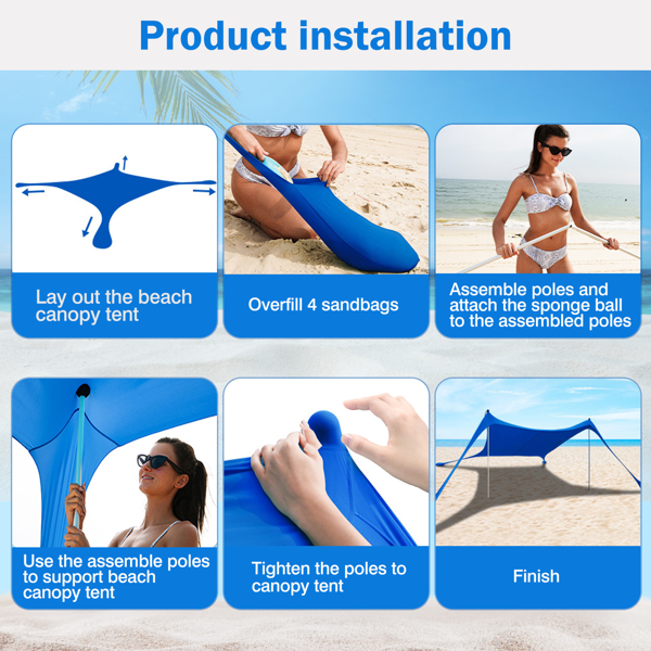 6.5x6.5FT Foldable Beach Canopy Tent Collapsible Shade Sail Sun Protection Windproof Shelter 4 Sandbag 2 Pole Portable Storage Bag Rectangle Blue（No shipments on weekends）