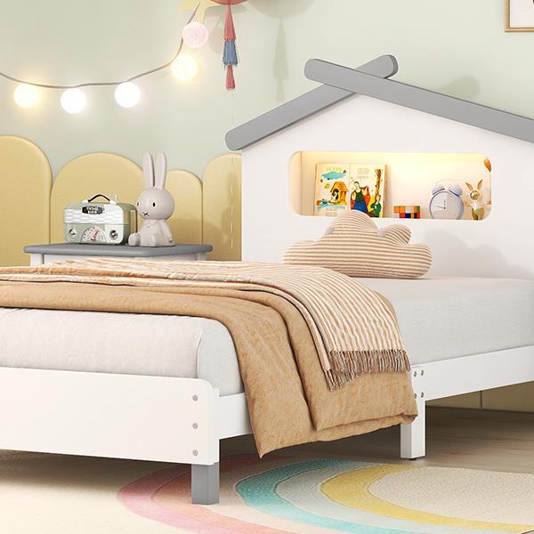 Twin Size Wood Platform Bed with House-shaped Headboard and Motion Activated Night Lights (White+Gray)