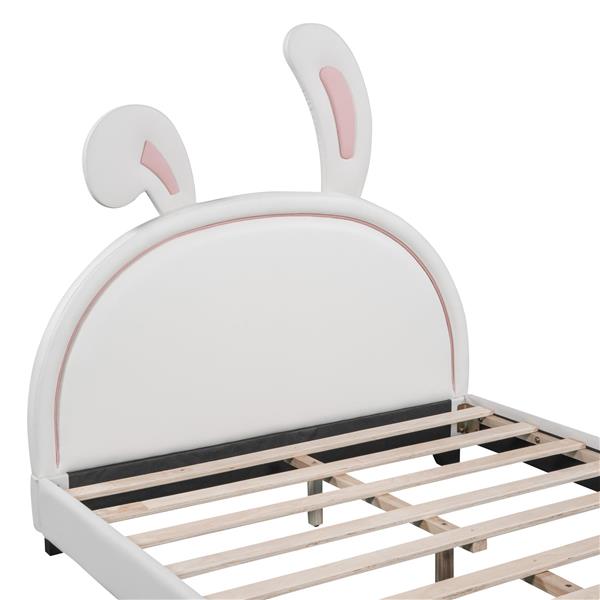 Full Size Upholstered Leather Platform Bed with Rabbit Ornament, White