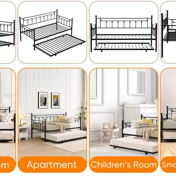 Twin Size Metal Daybed with Pull Out Trundle, Modern 2 in 1 Sofa Bed Frame for Kids Teens Adults,Single Daybed Sofa Bed Frame for Bedroom Living Room Guest Room,No Box Spring Needed