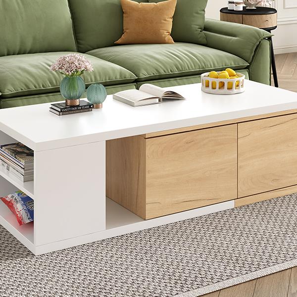 47.2''-57''W Extendable Coffee Table with 2 Storage Drawers, Dual-tone Wood Center Table with Extendable Sliding Tabletop, Multi-functional Hidden Storage Sofa Table for Living Room, White