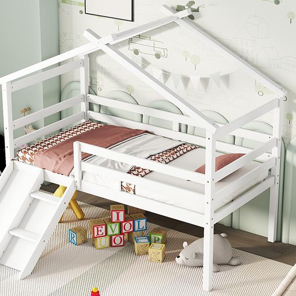 Twin Low Loft House Bed with Slide,  Ladder, Safety Guardrails, House Roof Frame,White