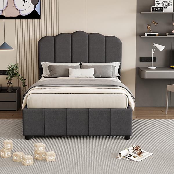 Twin Size Upholstered Bed with 2 Storage Drawers,Wood Slat Support, Gray