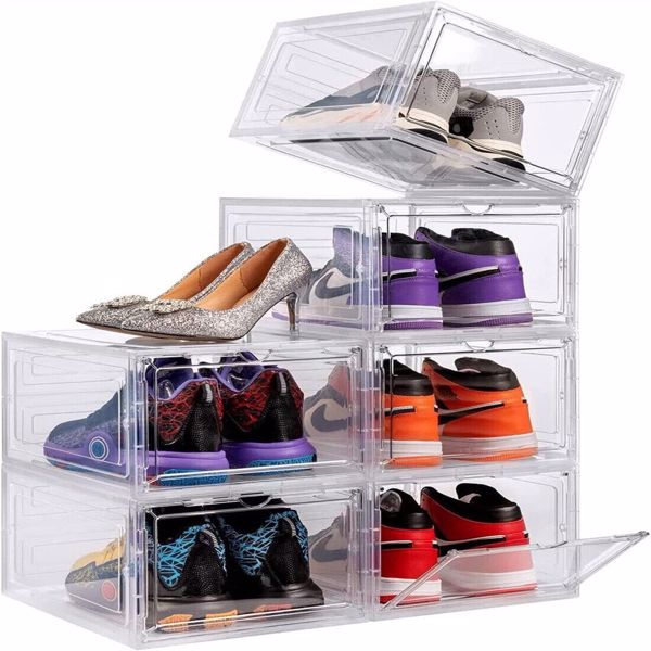 6 Pack Transparent Shoe Storage Boxes Hard Plastic Stackable Shoe Box Organiser