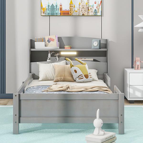 Wood Twin Size Platform Bed with Built-in LED Light, Storage Headboard and Guardrail, Antique Grey