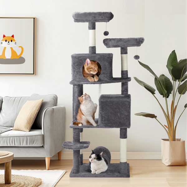 65 inch Cat Tree Cat Tower for Indoor Cats, Large Multi-Level Cat Play House Condo Furniture with Padded Platform Beds, Large Cozy Condos, Sisal Scratching Posts, Toy Balls and Cat Play Tunnel, Dark G