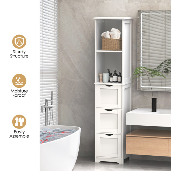 Bathroom Tall Storage Cabinet, Slim Free Standing Cabinet with 3 Drawers and 2 Shelves,Floor Cabinet for Small Space, 11.8" D x 12.6" W x 57.5" H, White 