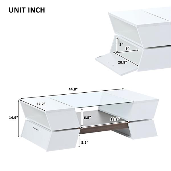 [VIDEO provided] 6mm Glass-Top Coffee Table with Open Shelves and Cabinets, Geometric Style Cocktail Table with Great Storage Capacity, Modernist 2-Tier Center Table for Living Room, White