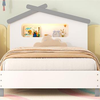 Twin Size Wood Platform Bed with House-shaped Headboard and Motion Activated Night Lights (White+Gray)