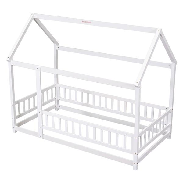 Twin Size Floor Wooden Bed with House Roof Frame, Fence Guardrails,White