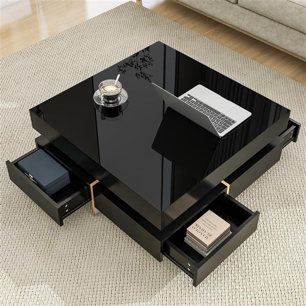 Modern High Gloss Coffee Table with 4 Drawers, Multi-Storage Square Cocktail Tea Table with Wood Grain Legs, Center Table for Living Room, 31.5''x31.5'', Black