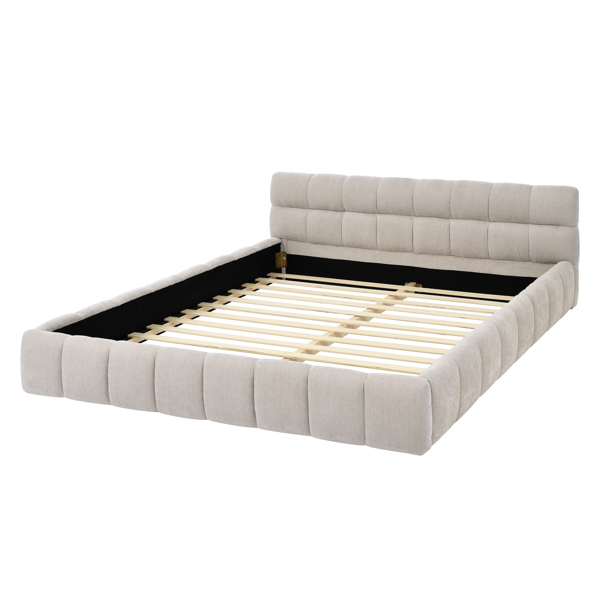 Queen Size Upholstered Bed Frame with Thick Fabric, Chenille Fabric Grounded Queen Size Platform Bed with Headboard and Solid Frame. No Box Spring Needed, Beige(68''*86.5''*23.5'')