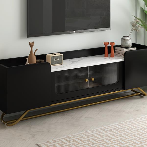 Sleek Design TV Stand with Fluted Glass, Contemporary Entertainment Center for TVs Up to 70", Faux Marble Top TV Console Table with Gold Frame Base, Black