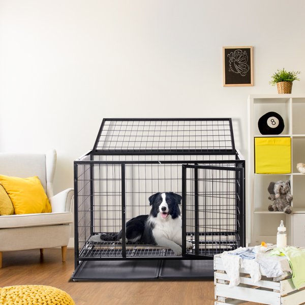 42 Inch Heavy Duty Dog Crate, Metal Dog Cage Dog Kennel for Medium to Large Dogs with Double Doors, Lockable Wheels and Removable Trays for Indoor & Outdoor