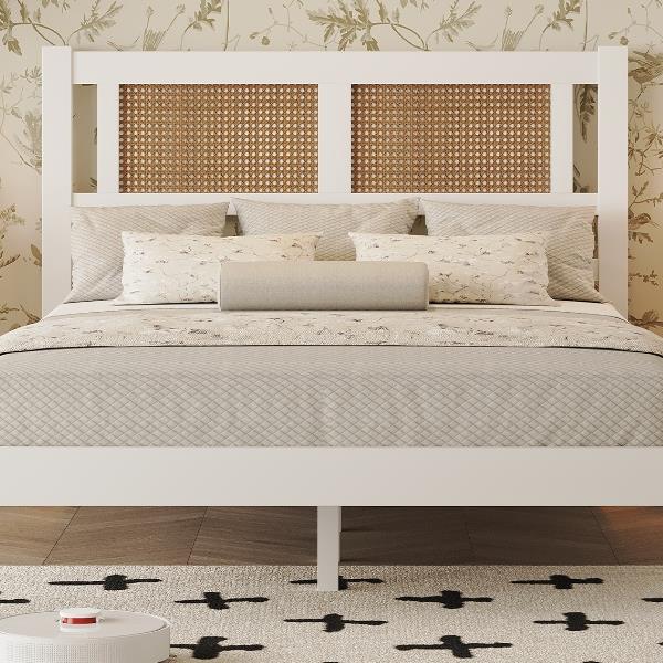 Full Size Wooden Platform Bed with Natural Rattan Headboard, Exquisite Elegance with Minimalist Charm for Bedroom, White