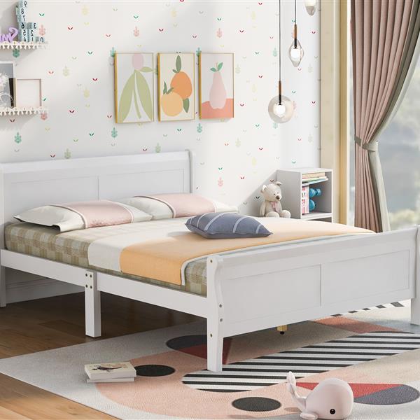 Full Size Wood Platform Bed with Headboard and Wooden Slat Support (White)