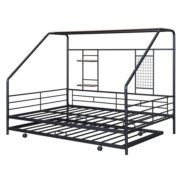 Full Size Metal House Bed with Trundle, Black