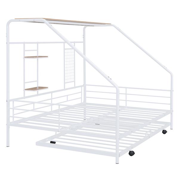 Full Size Metal House Bed with Trundle, White