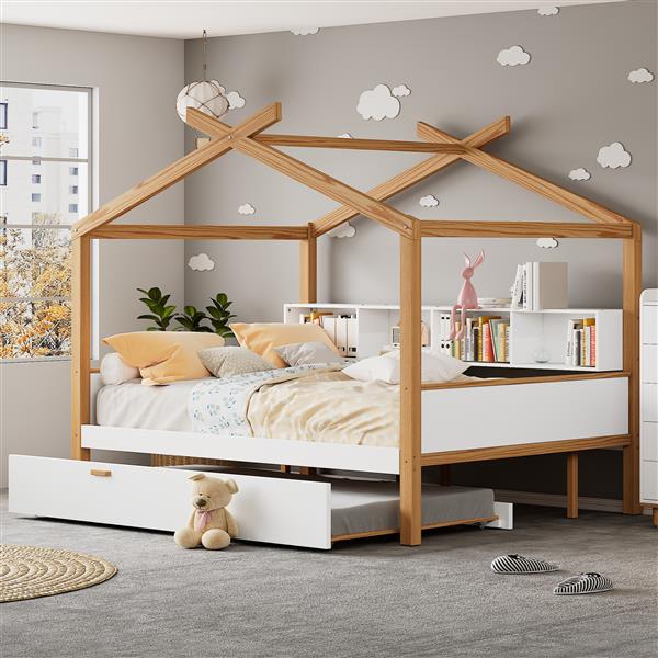 White Twin Size Wooden House Bed with Original Wood Colored Frame Twin Size Trundle and Bookshelf Storage Space for Children or Guest Room