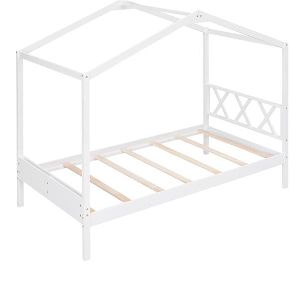 Twin Size Wood House Bed with Storage Space, White