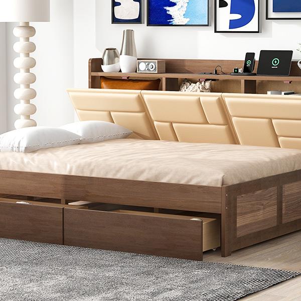 Full Size Wood Daybed with Upholstered Storage Shelves, USB Ports and 2 Drawers, Wood Color