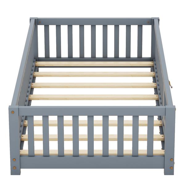 Twin Size Bed Floor Bed with Safety Guardrails and Door for Kids, Gray