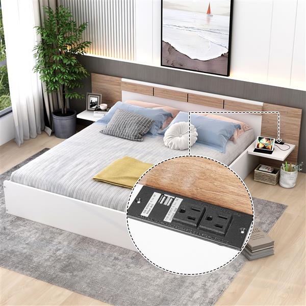 Queen Size Platform Bed with Headboard, Shelves, USB Ports and Sockets, White