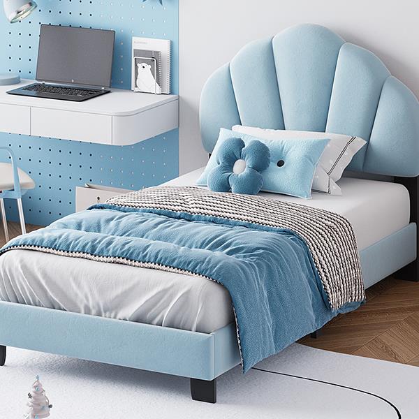 Twin Size Upholstered Velvet Platform Bed with Shell-Shaped Headboard, Blue