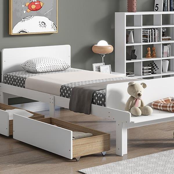 Twin Bed with Footboard Bench,2 drawers,White